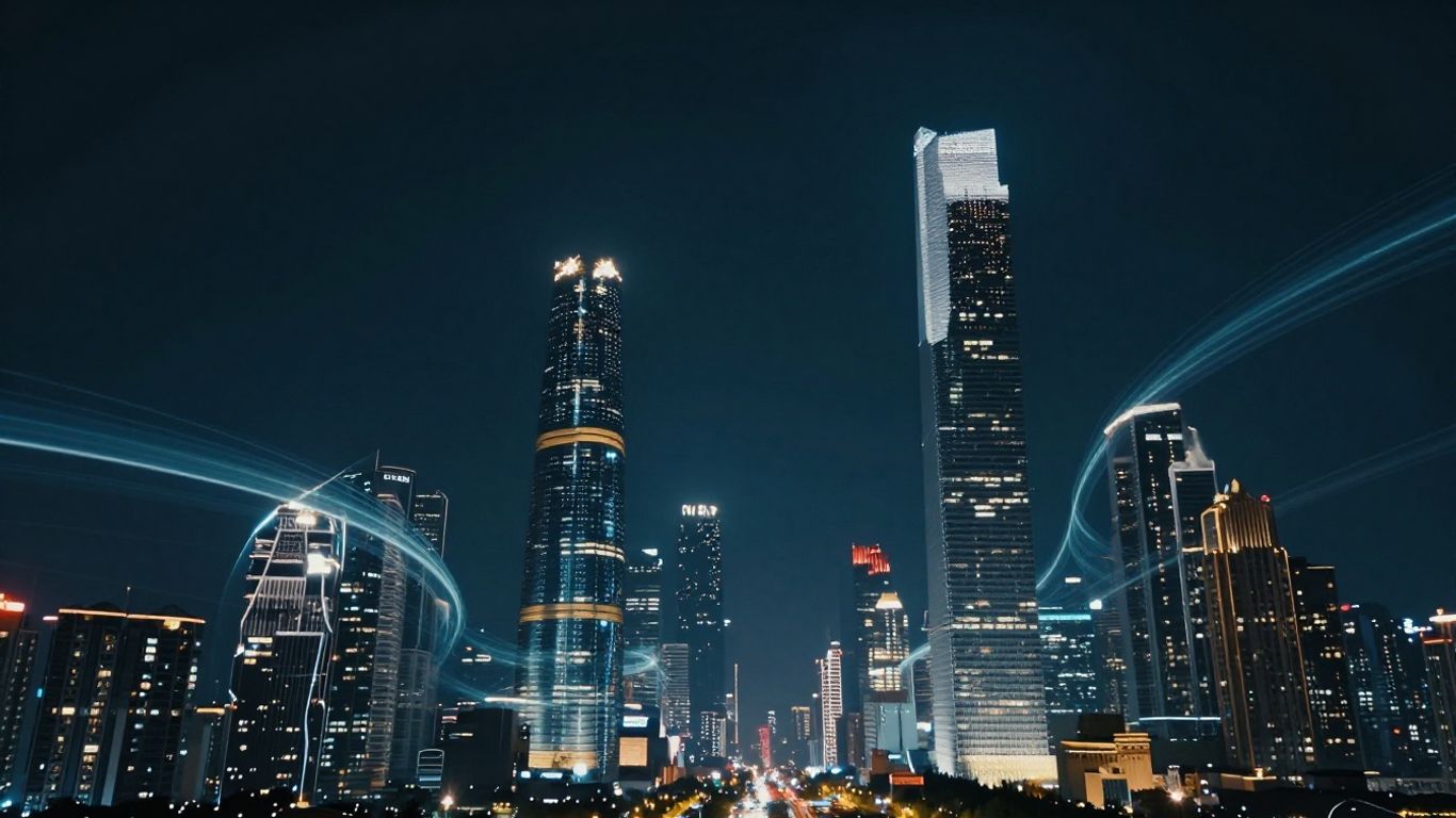 Futuristic cityscape with glowing digital connections.