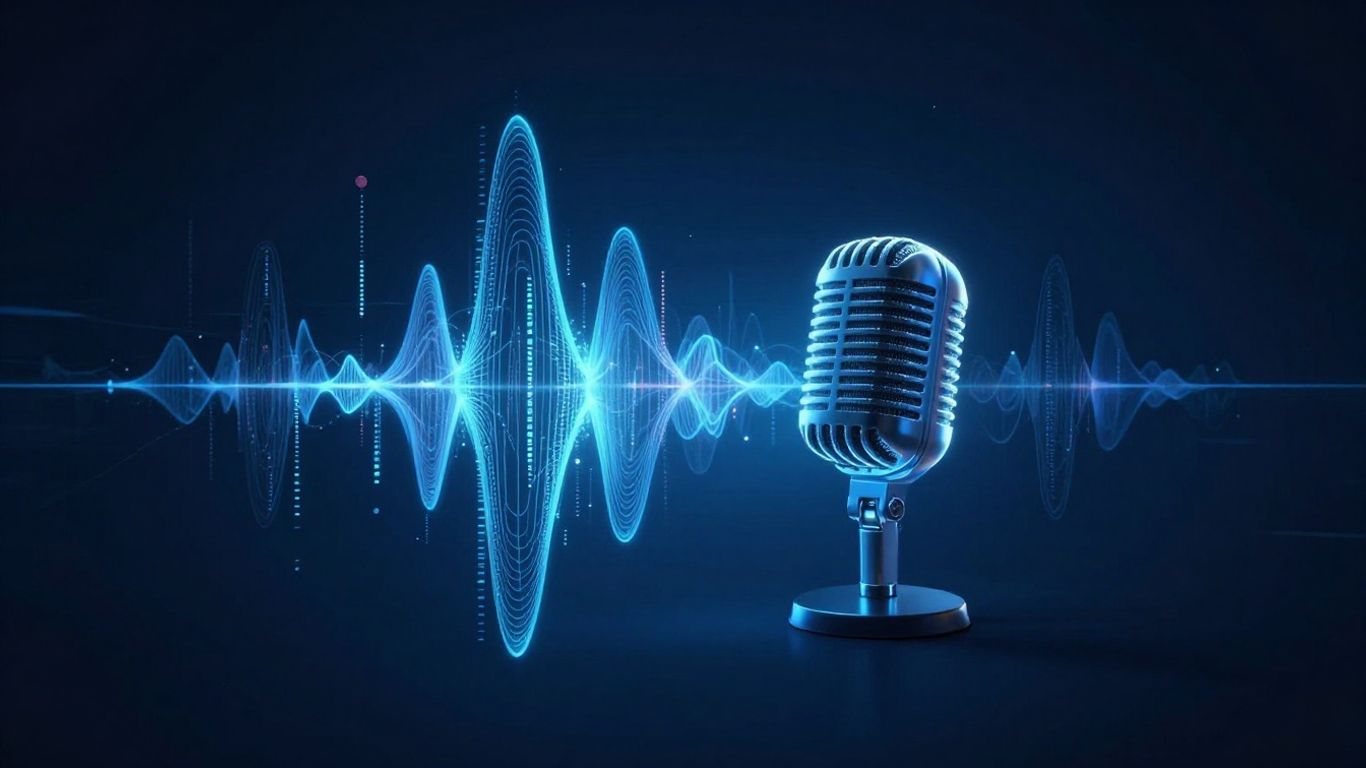 Futuristic sound waves from microphone, AI communication.