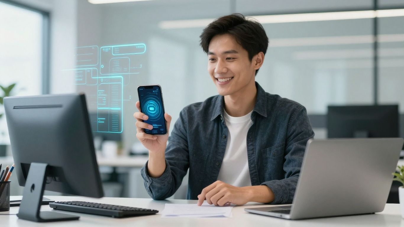 Person using AI phone receptionist app on smartphone.