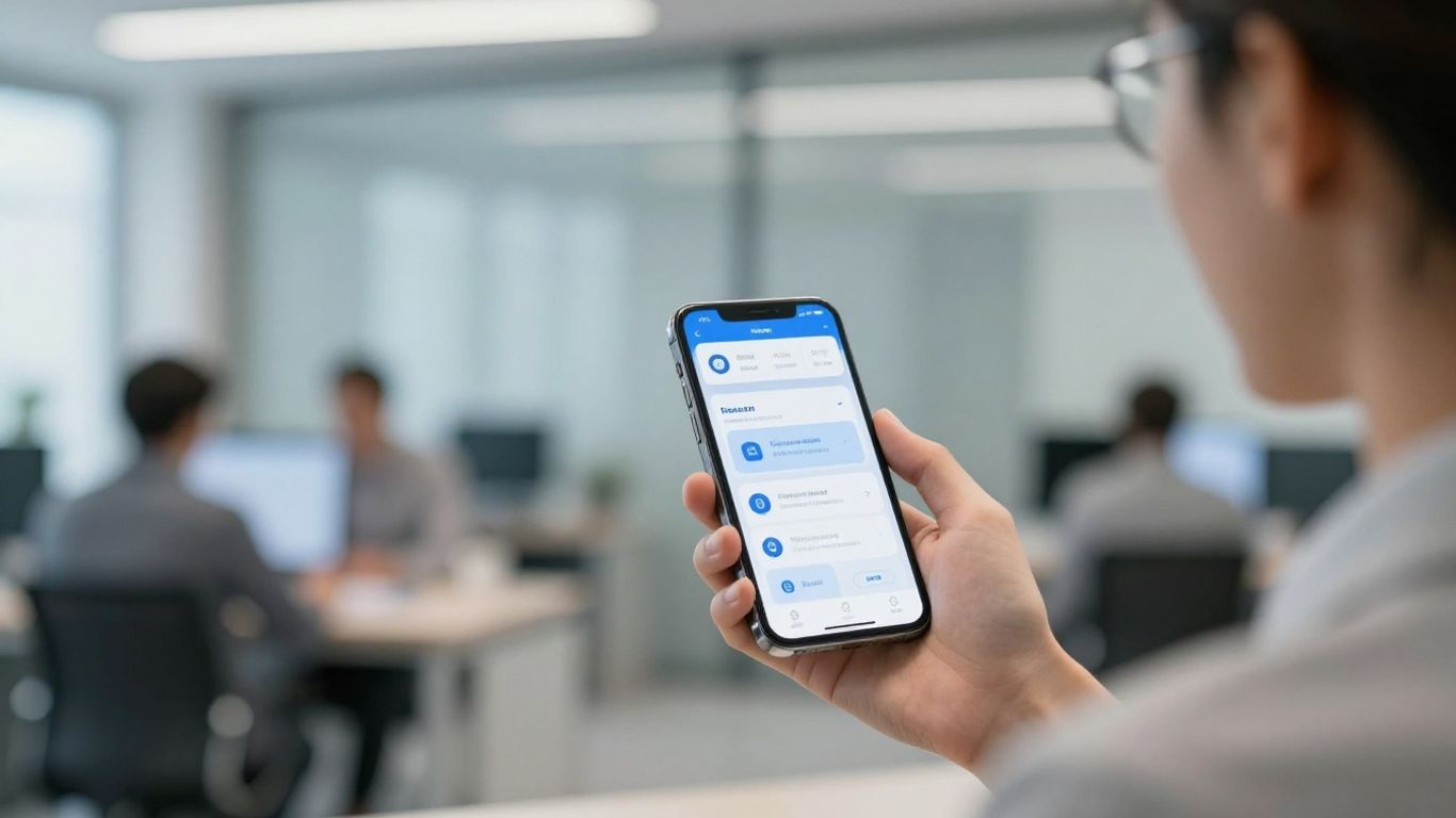 Business professional using AI phone receptionist app on smartphone.