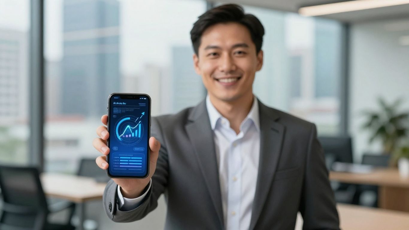 Businessperson with AI phone receptionist interface on smartphone.