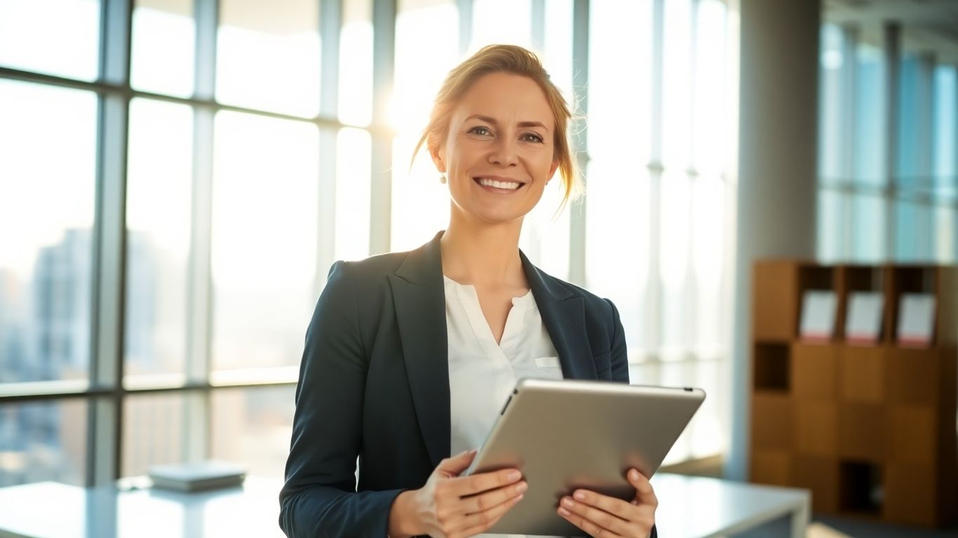 Professional woman using a tablet in an office.