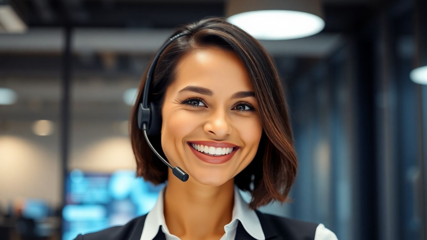 Professional woman with headset, modern office, digital interface.
