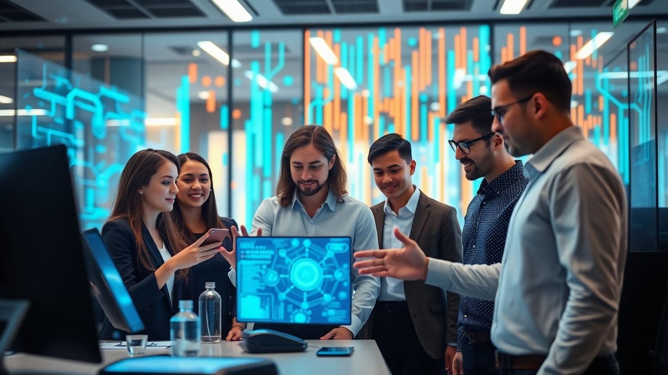 AI sales professionals interacting with futuristic technology interfaces.
