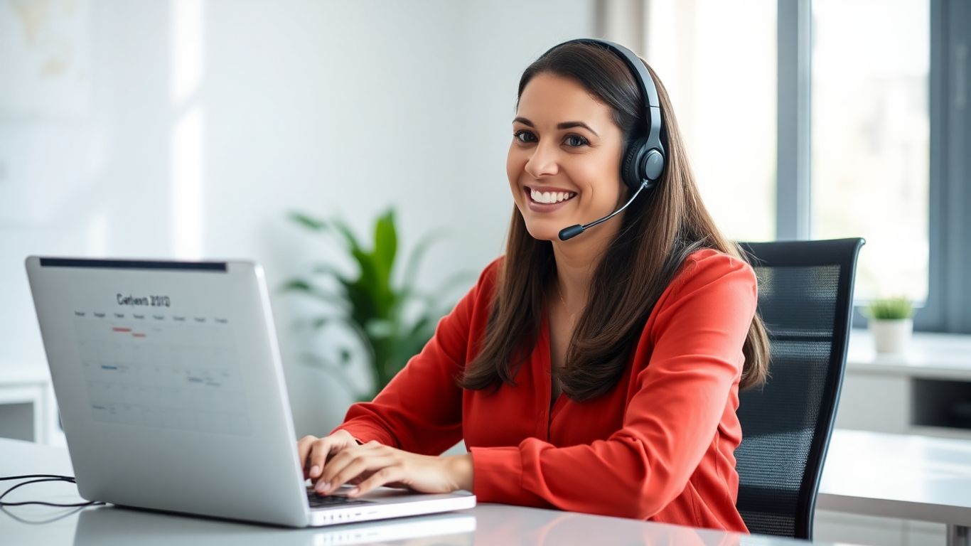 Virtual receptionist working with headset and laptop.