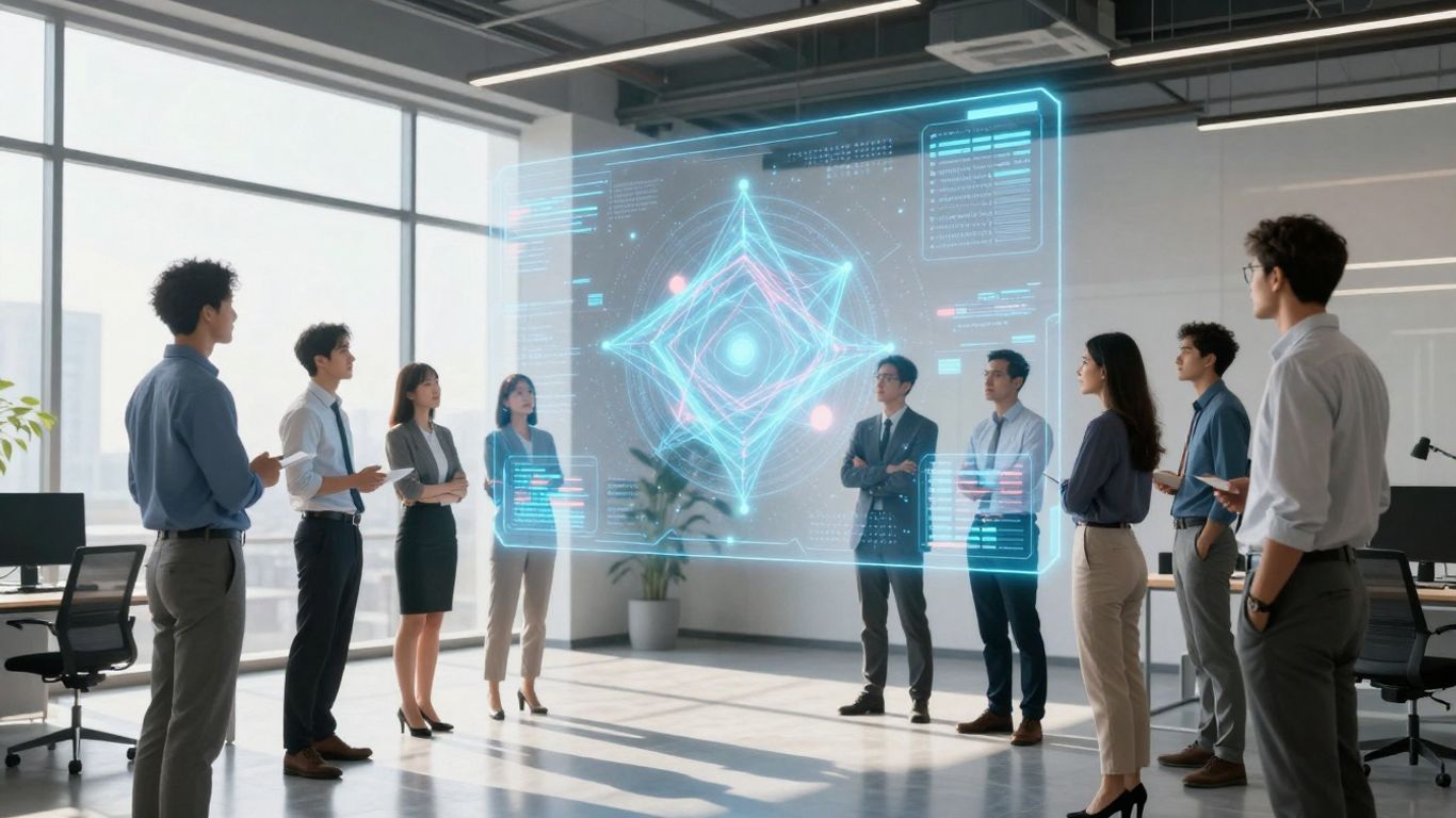 AI and real estate investors collaborating with futuristic technology.