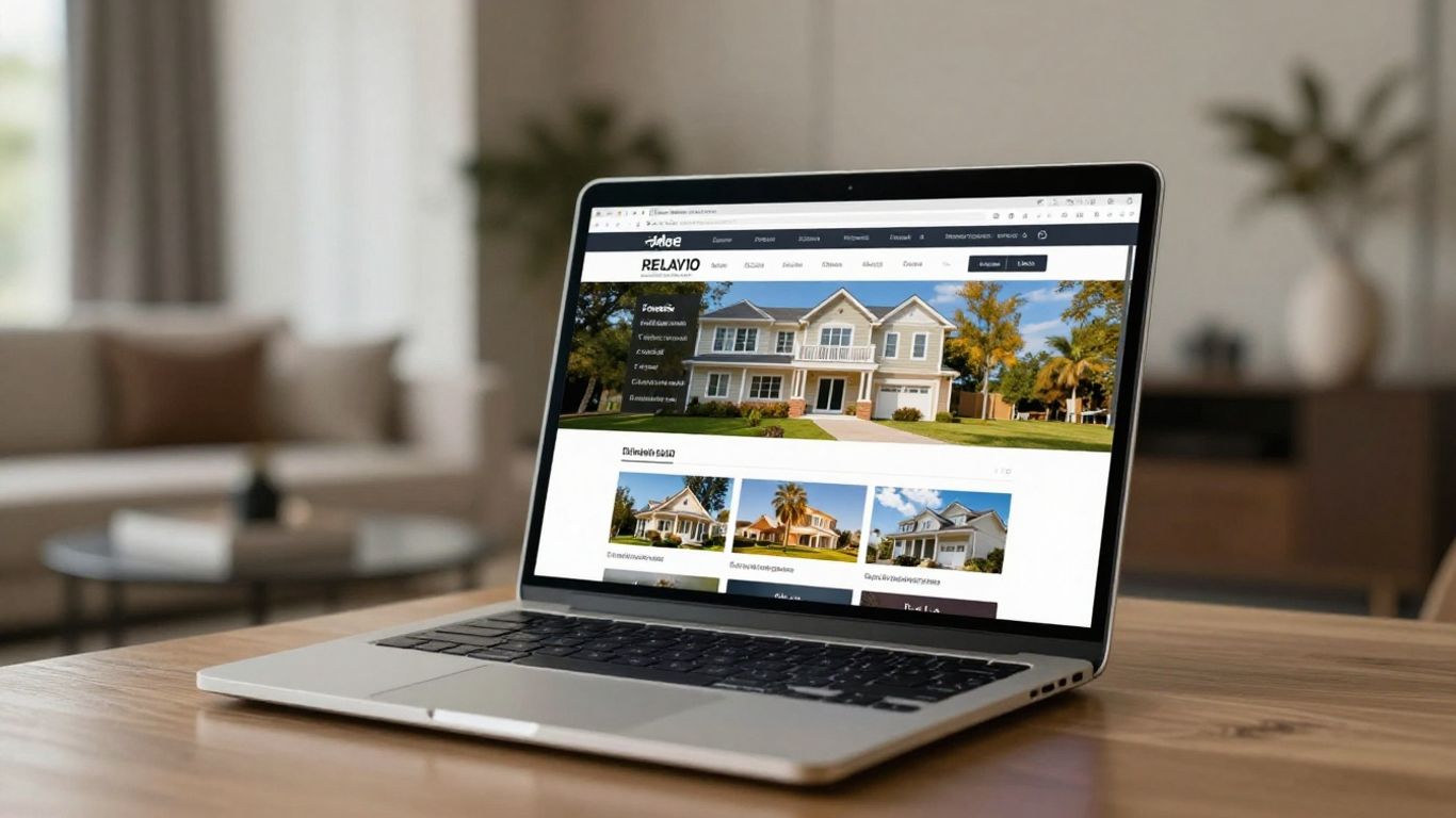 Laptop showing real estate listing with home background.