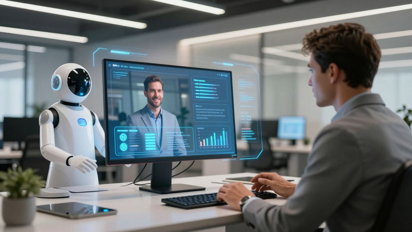 Realtor interacting with AI assistant in modern office.