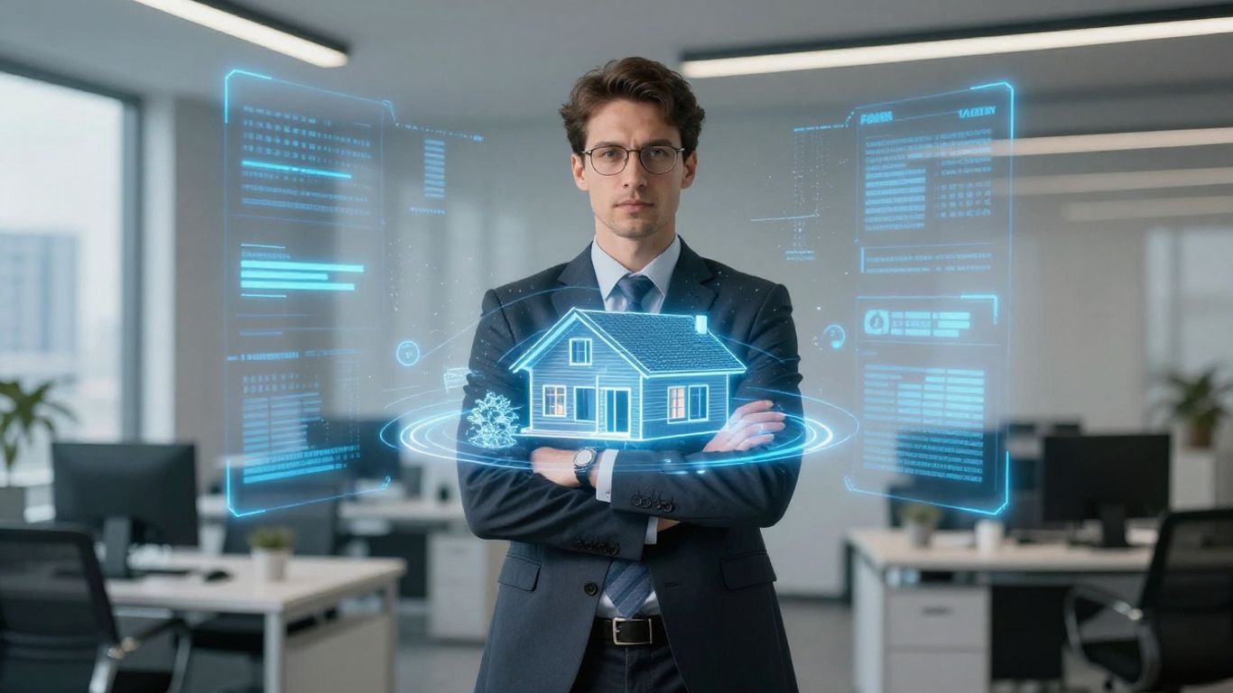 Realtor with holographic house and data streams.