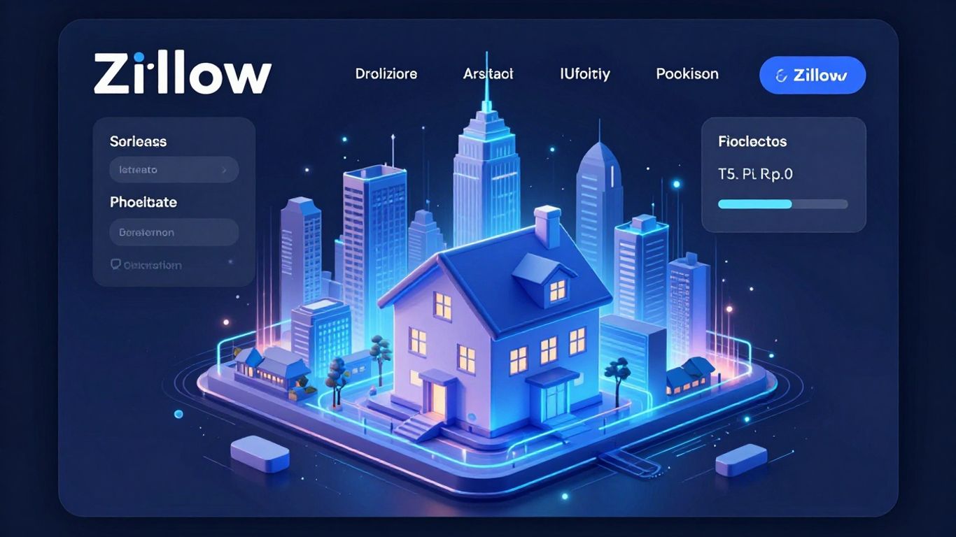 Zillow AI platform interface with futuristic cityscape and house icon.
