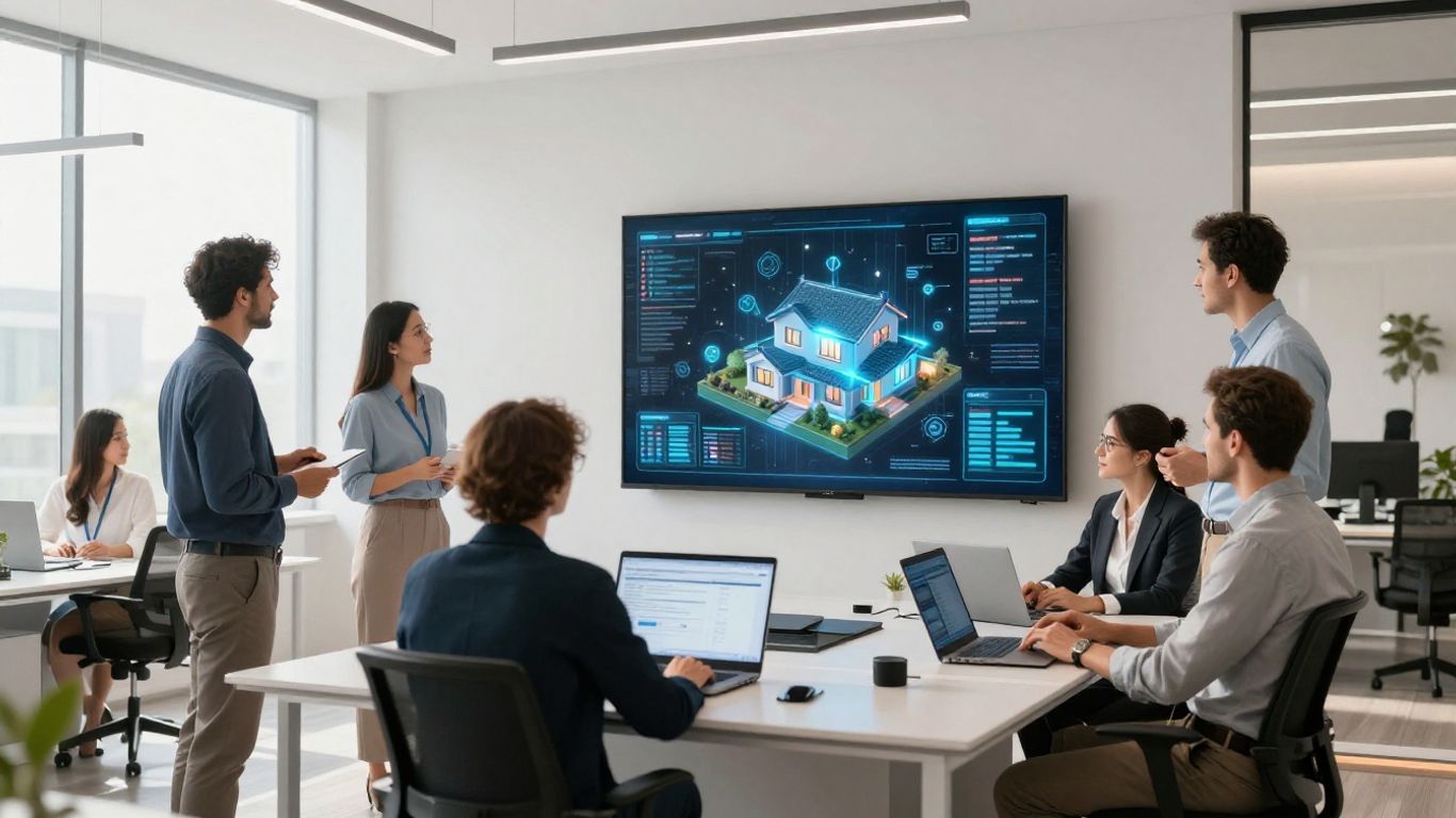 Real estate agents using AI technology in a modern office.