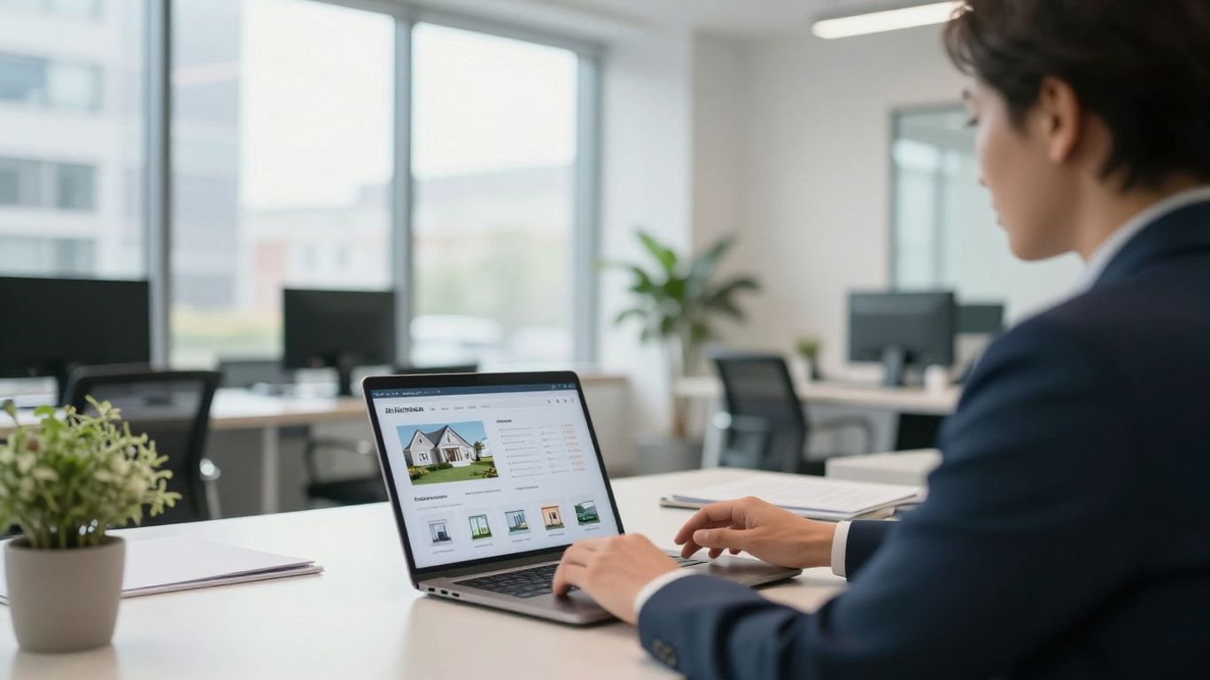Realtor using AI tool on laptop in Canadian office.