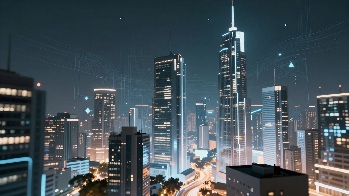 Futuristic cityscape with AI digital overlays.