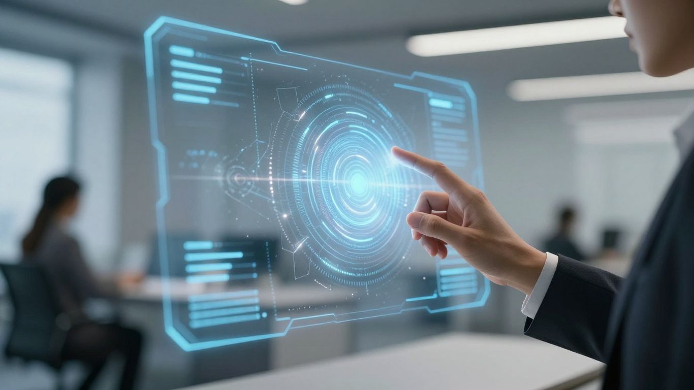AI virtual assistant interface interacting with a professional hand.