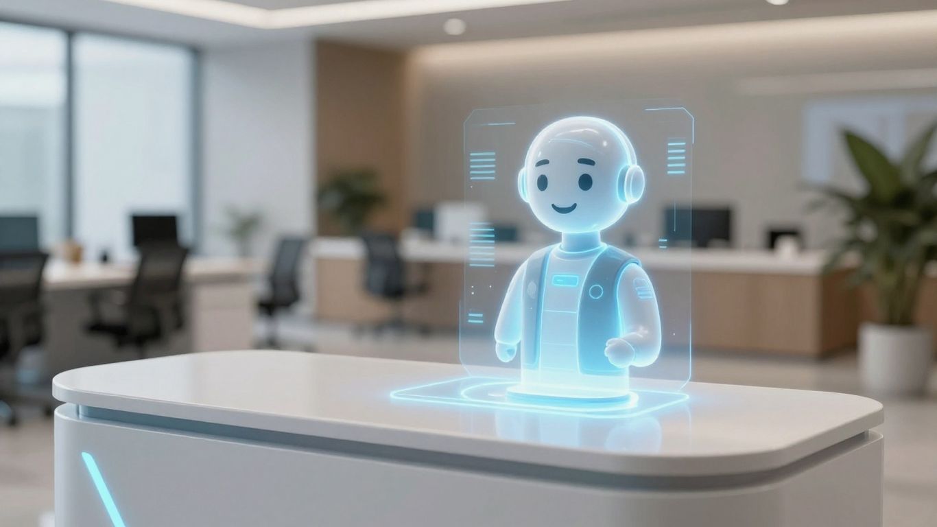 AI receptionist interface at a modern real estate office desk.