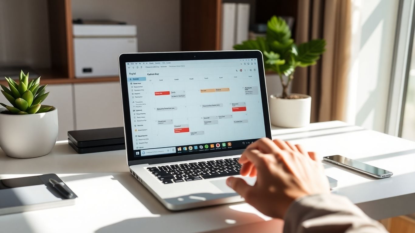 Laptop with AI appointment setter calendar interface on desk.