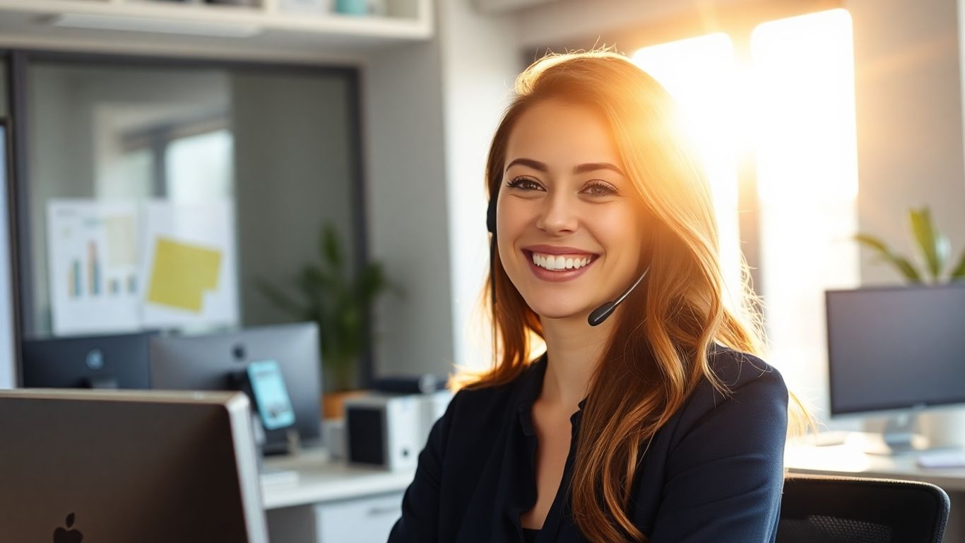 Professional woman with headset, smiling in office.