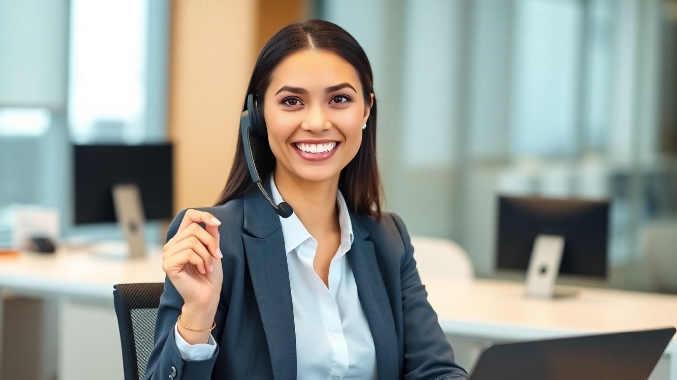 Professional woman with headset smiling, ready to assist.