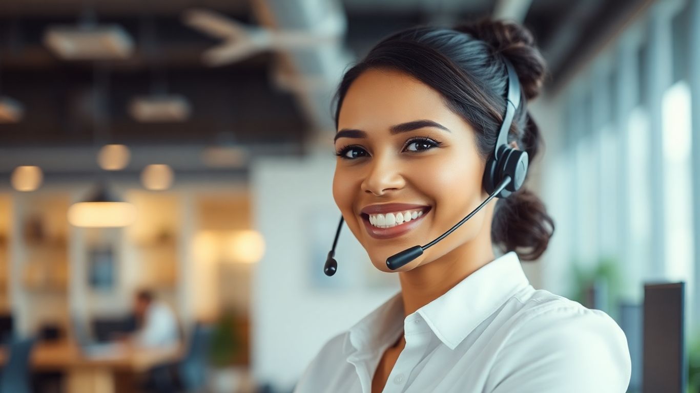 Professional woman with headset, business growth.