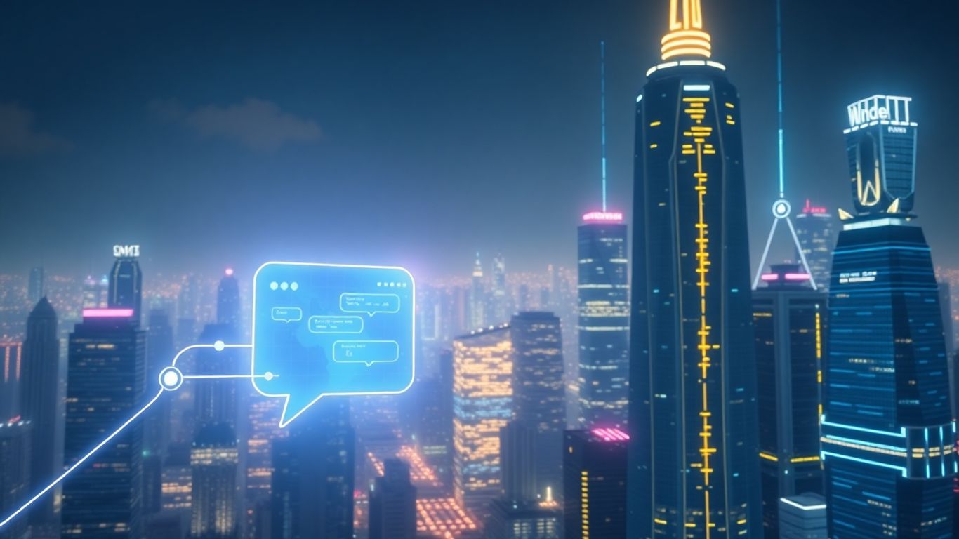 Futuristic cityscape with AI chatbot interface