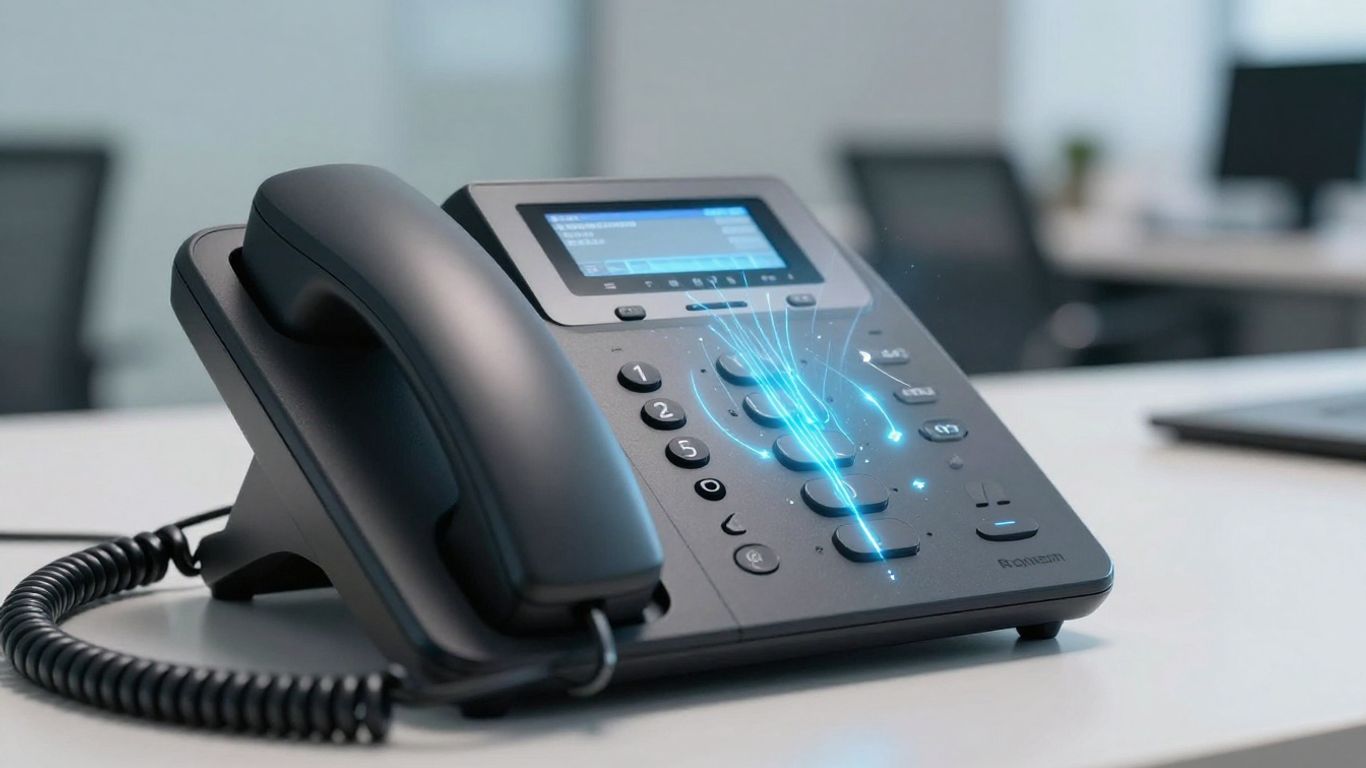 AI voice agent on a futuristic telephone.