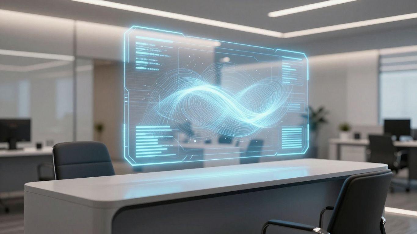Futuristic AI reception desk with holographic interface in modern office.