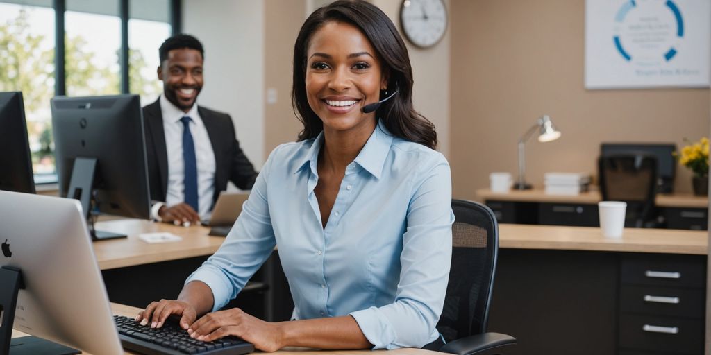 Receptionist assisting client in a business setting.
