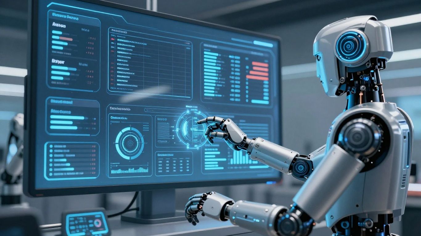 AI interface with robotic arms and data visualizations.