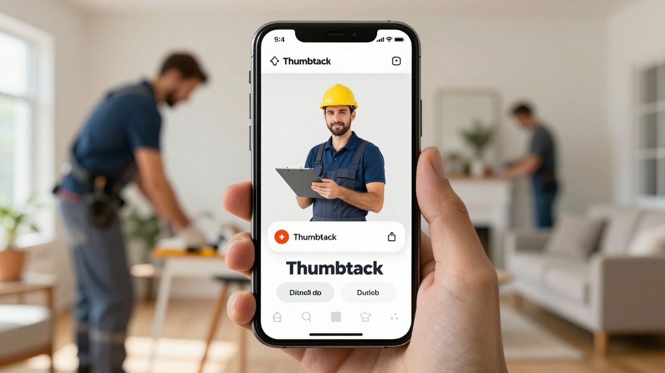 Thumbtack app interface on a smartphone with home services background.