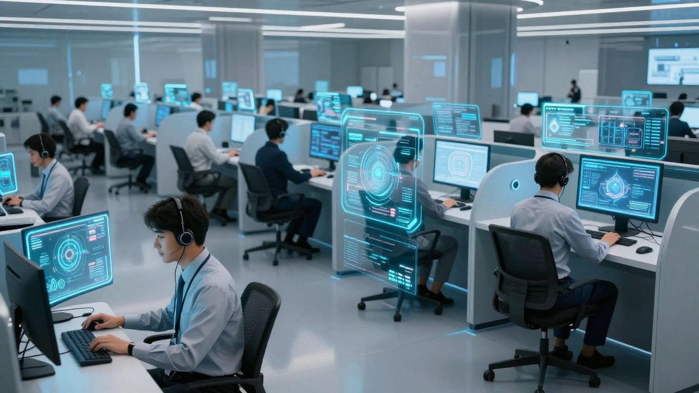 Futuristic call center with AI and holographic technology.