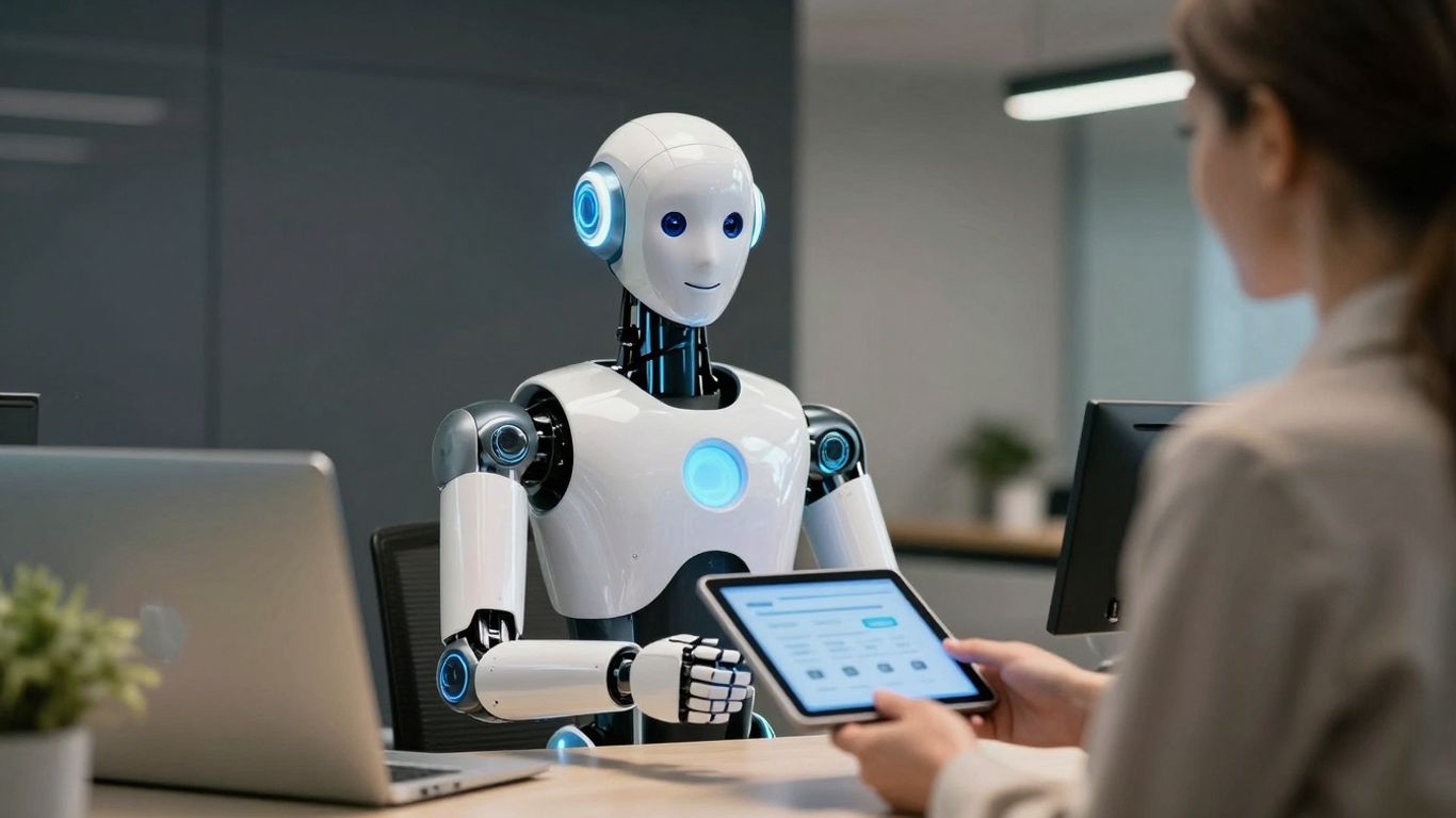 AI receptionist assisting a customer at a desk.