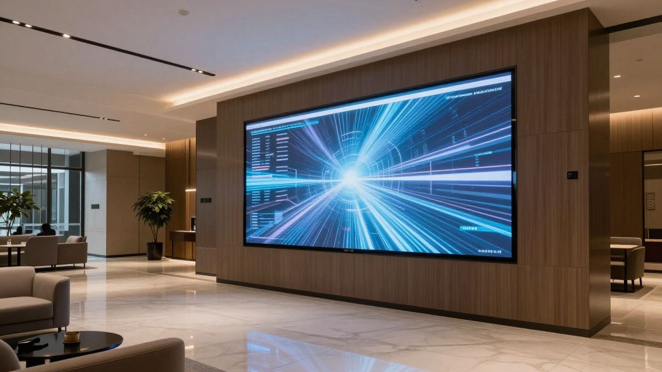 Modern hotel lobby with subtle digital data displays.