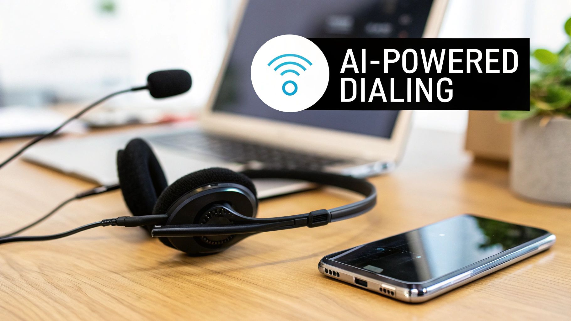 A desk with a headset, laptop, smartphone, and 'AI-POWERED DIALING' overlay.