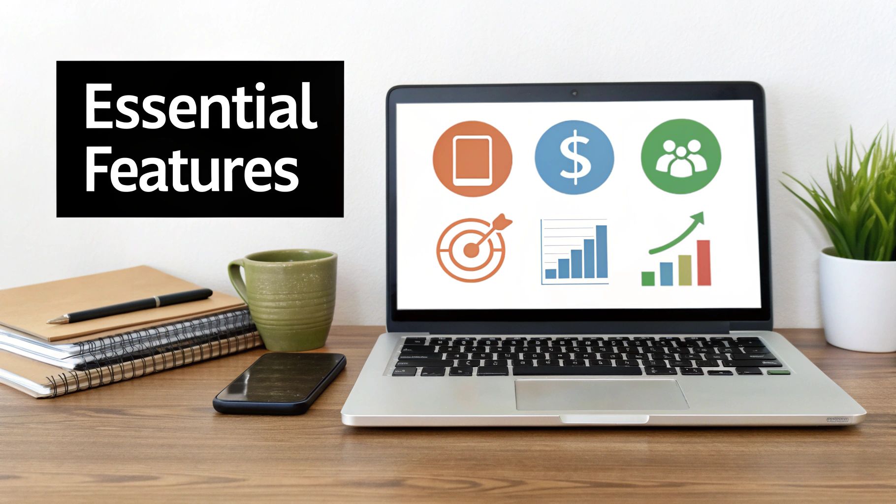 A black sign with 'Essential Features' next to a laptop displaying business and growth icons on a desk.