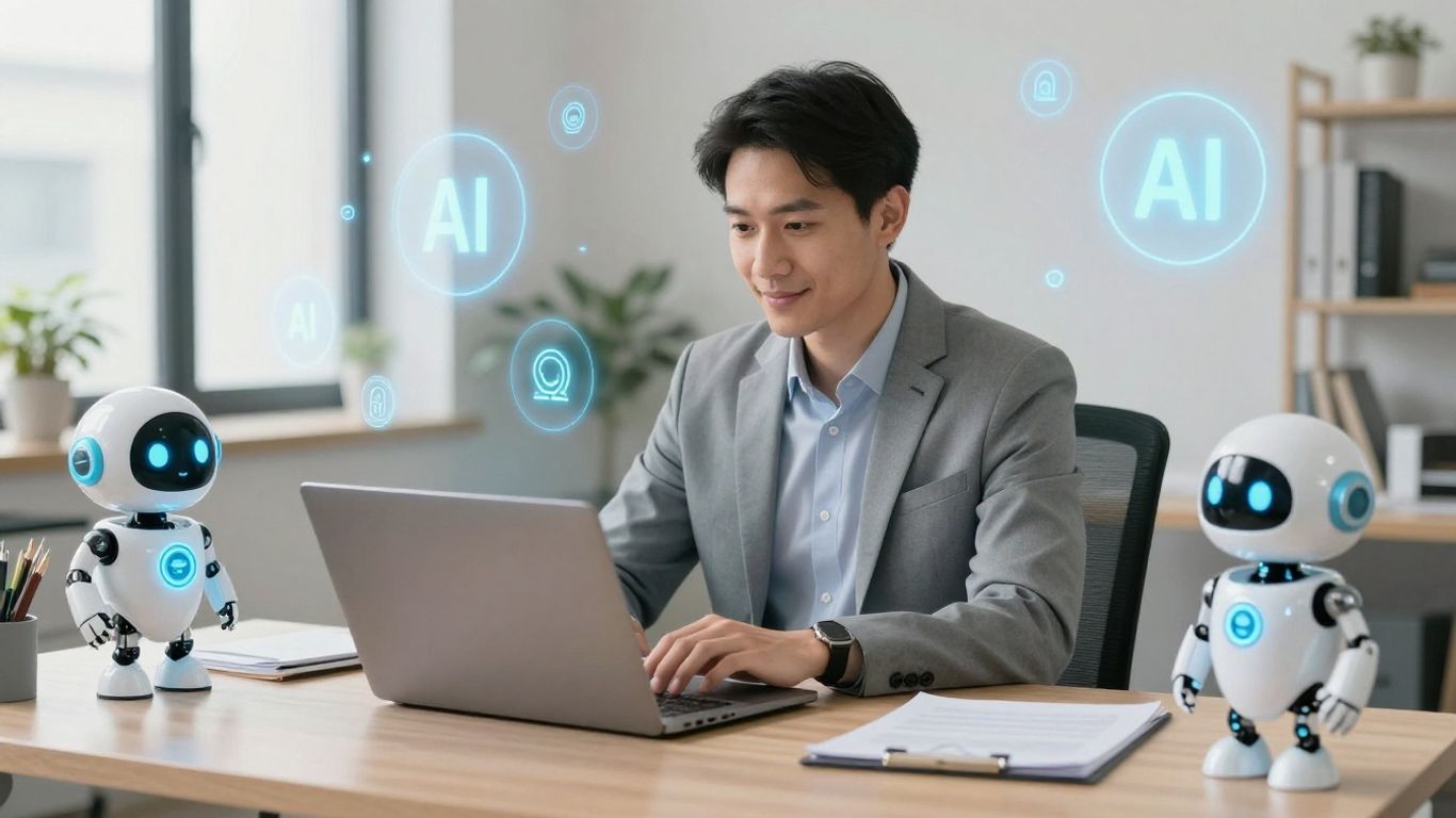Small business owner using AI tools at modern desk