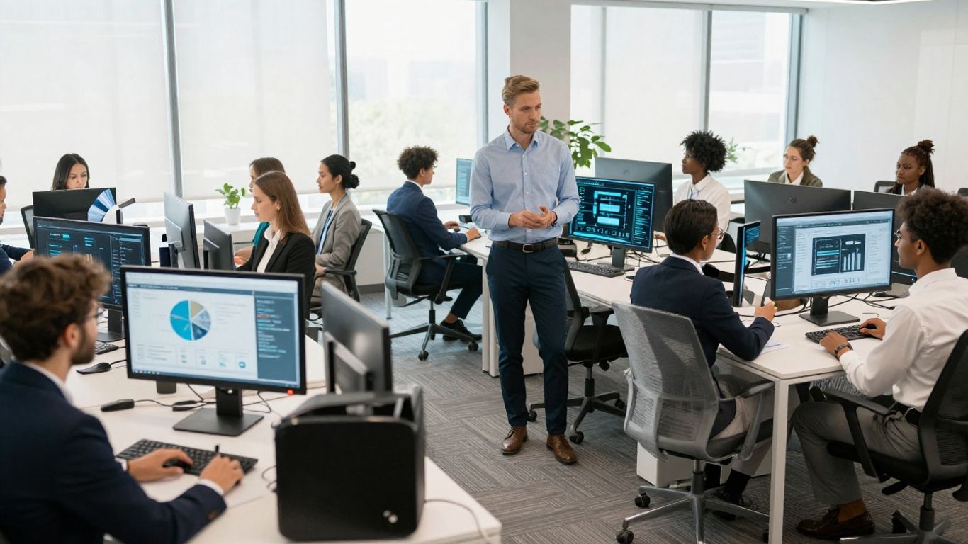 Modern sales team using AI tech in bright office