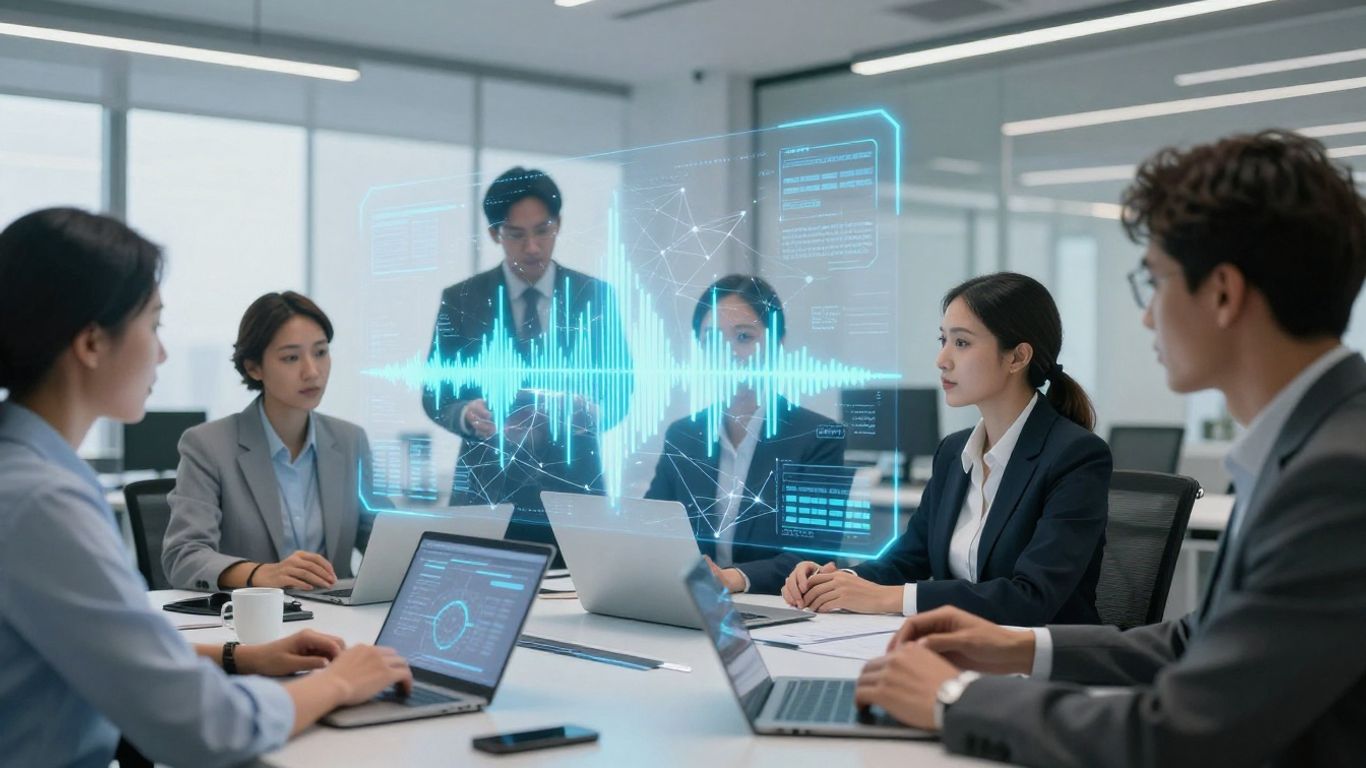 Business professionals interacting with voice AI technology.