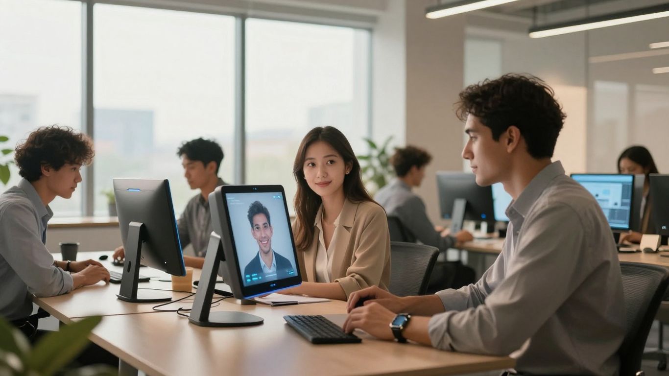 Modern office team using advanced voice AI devices