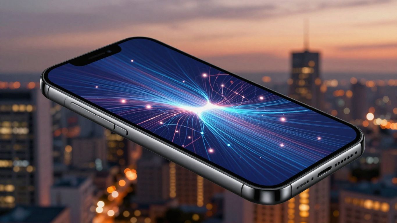 AI app interface on a smartphone with cityscape background.
