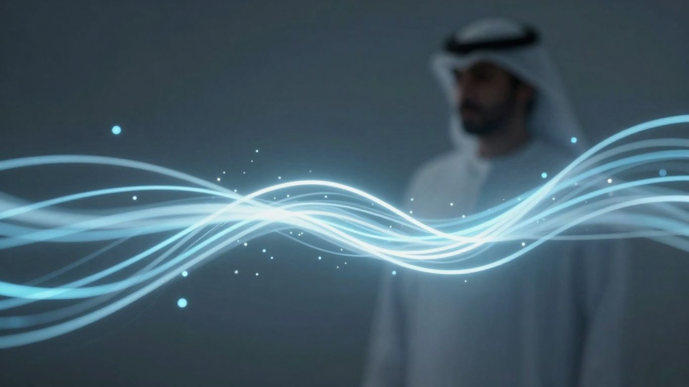 Futuristic AI receptionist interface with glowing lines.