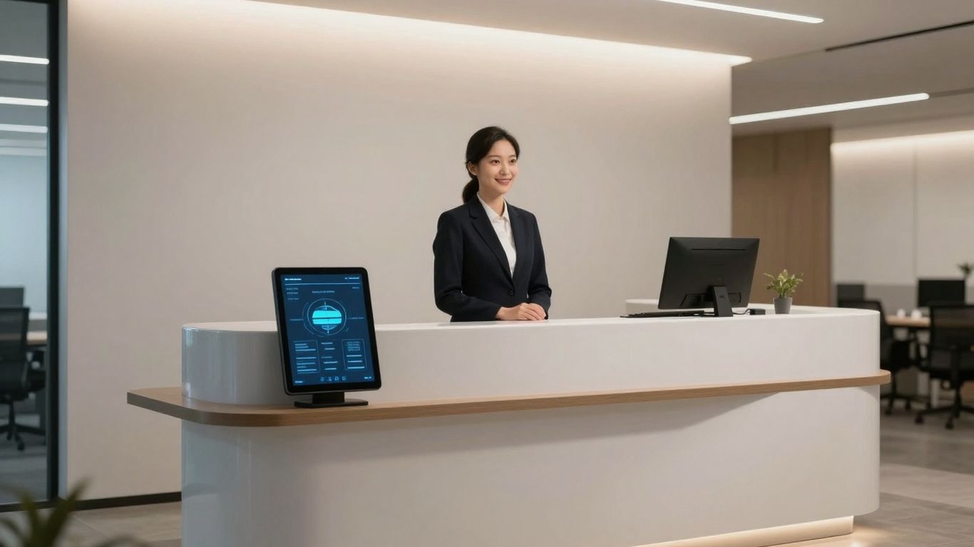 AI receptionist in a modern office setting.