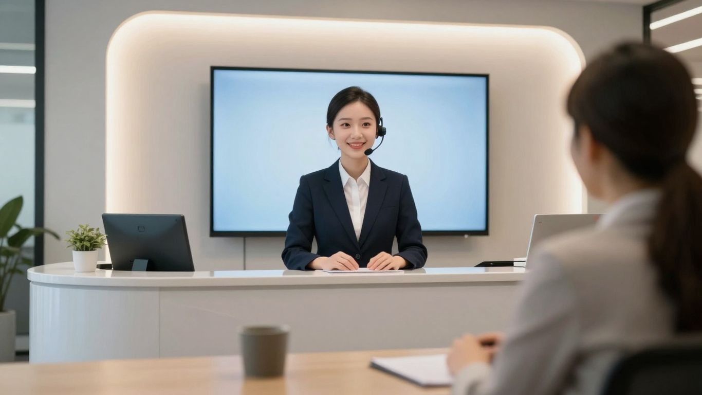 AI receptionist assisting a customer in a modern office.