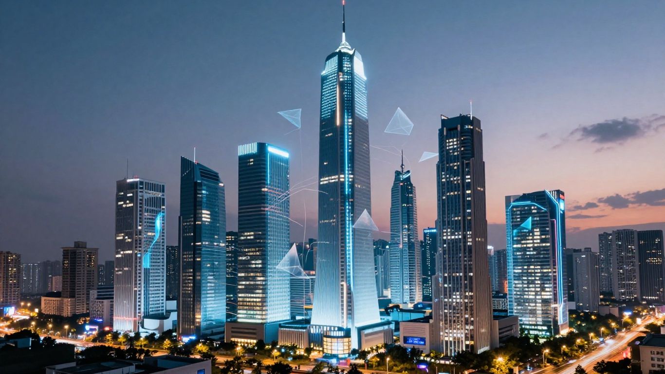 Futuristic cityscape with digital overlays and light trails.