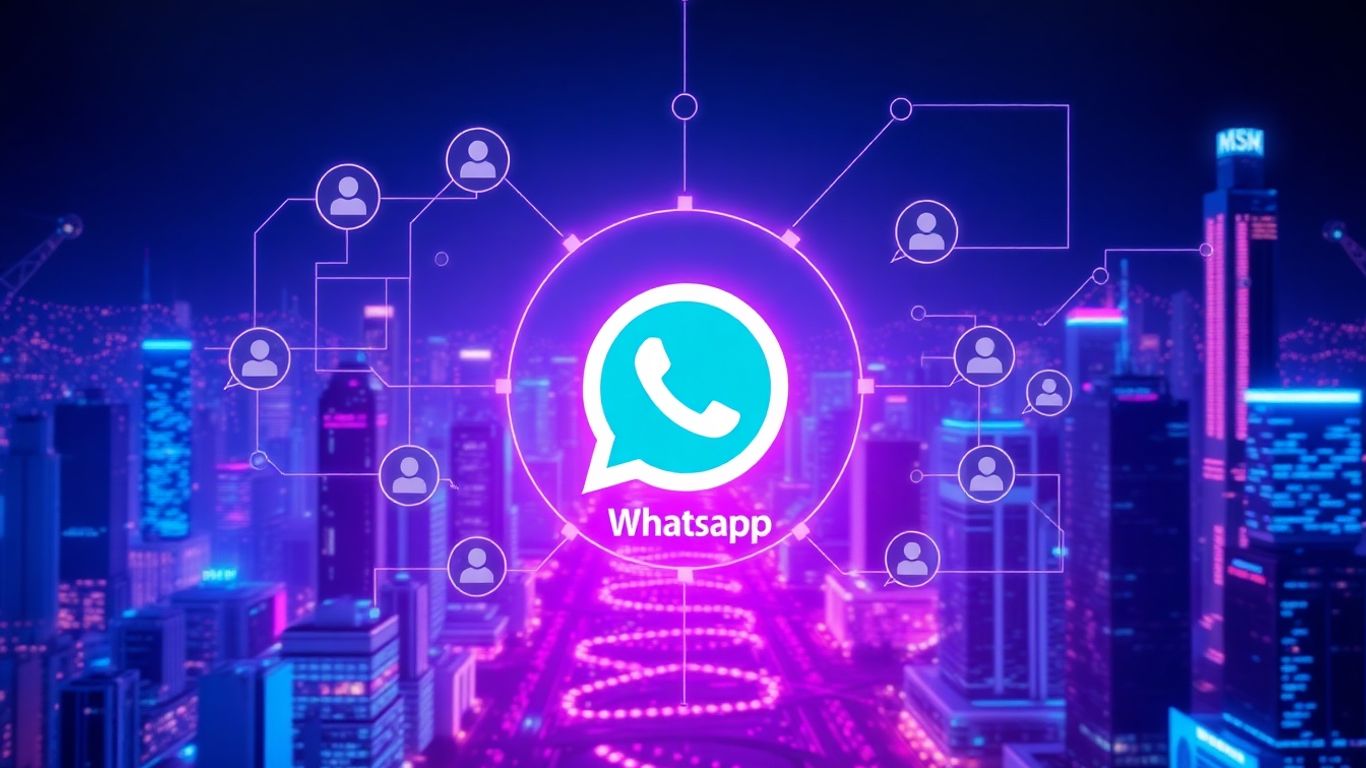 WhatsApp AI chatbot interface with futuristic cityscape background.