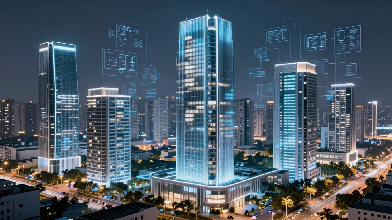 Futuristic cityscape with AI overlays for real estate.
