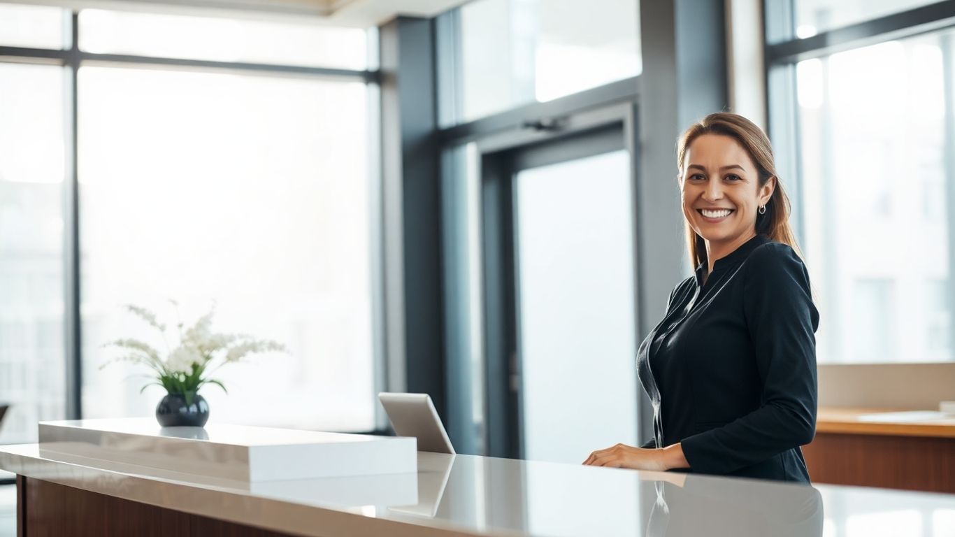 Welcoming receptionist in a modern lobby.