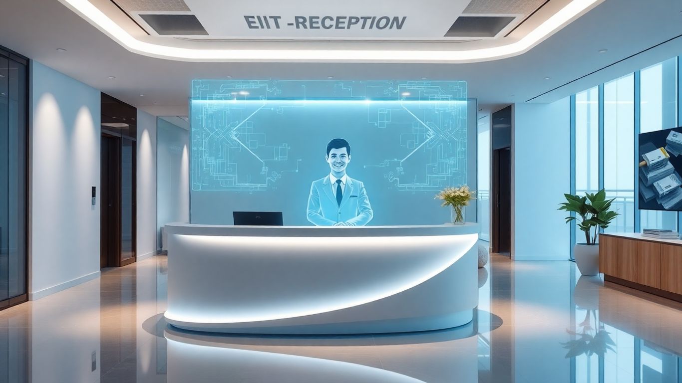 AI receptionist interface in a modern office.