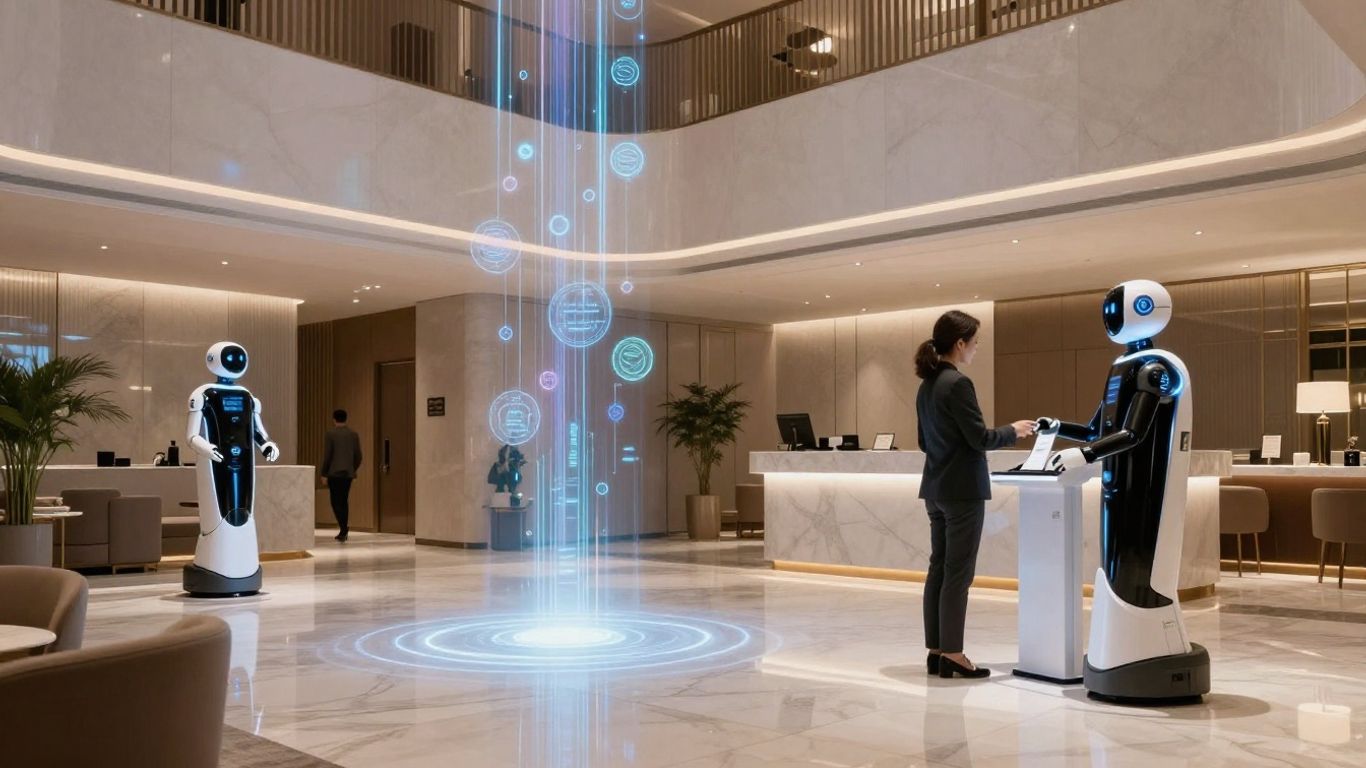 Futuristic hotel lobby with AI assistants and holographic displays.
