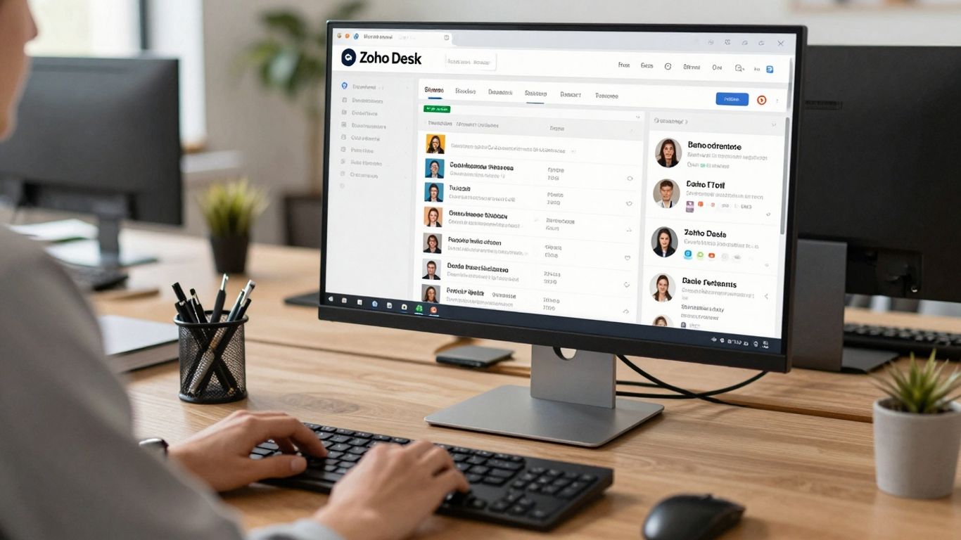 Zoho Desk interface on a computer screen in an office.