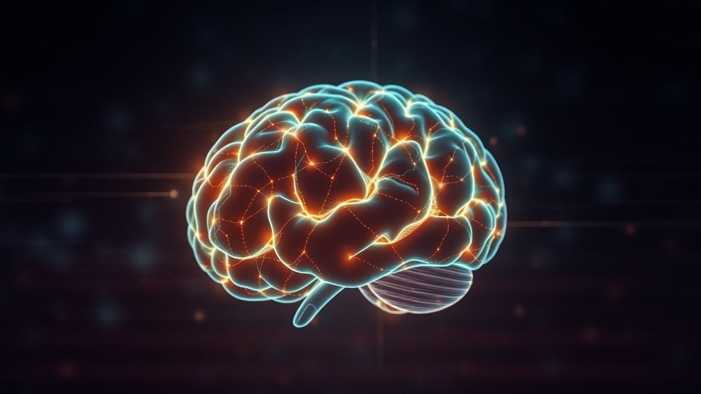 Futuristic brain with glowing neural pathways.